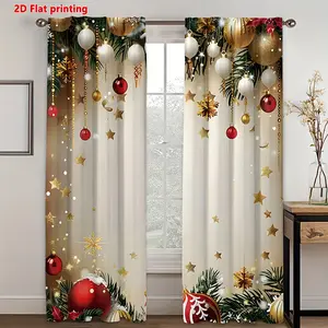 2D Flat, 2pcs Set, 2D Printed Christmas Ball and Star Golden-Red Pine Leaf Curtains with Rod Pocket Installation, Semi-Sheer Polyester Material, Home Decoration Curtain Suitable for Living Room, Kitchen, Bedroom, Study, Hotel, Dining Room Home Decor