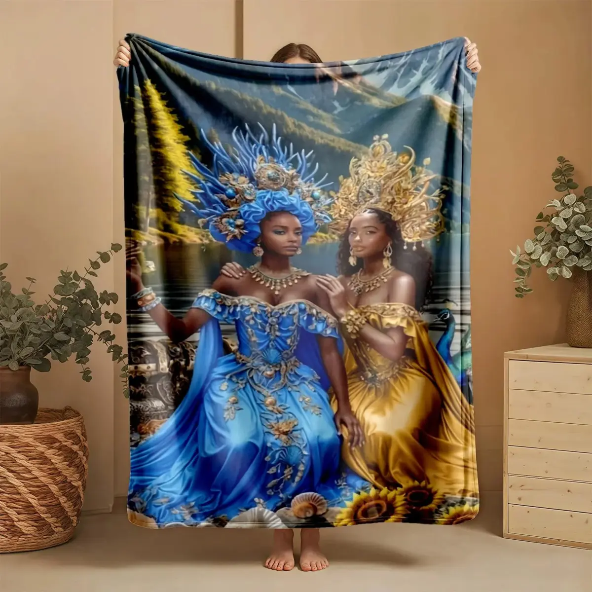 100% Polyester Flannel Throw Blanket - Mountain Scene Art Print, Blue & Gold Women's Gown Design, Modern Geometric Motif, Cozy Super Soft All Season Bed Warmer Blanket for Beds & Sofas, All Season Blankets, Art Print Blankets
