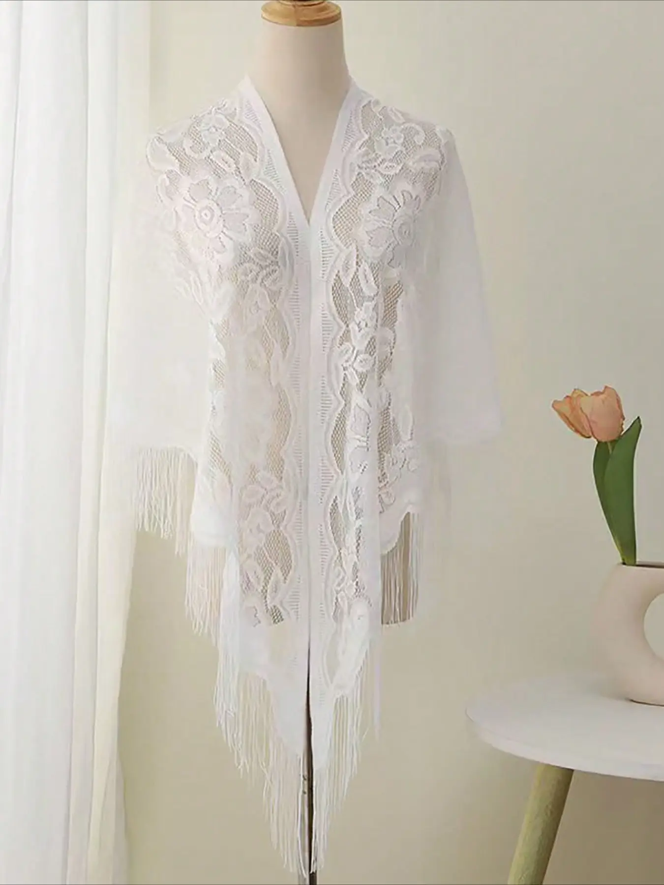 1pc Women's Solid Color Lace Hollow Tassel Shawl, Boho Fashionable Breathable Thin Shawl For Bride & Bridesmaids Dress, Banquet, Lady