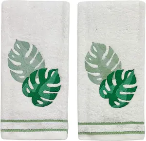 Serafina Home Coastal Tropical Palm Leaves Embroidered Bath Hand Fingertip Towels, Green on Ivory, 100% Cotton, Set of 2, 12 x 18 inches