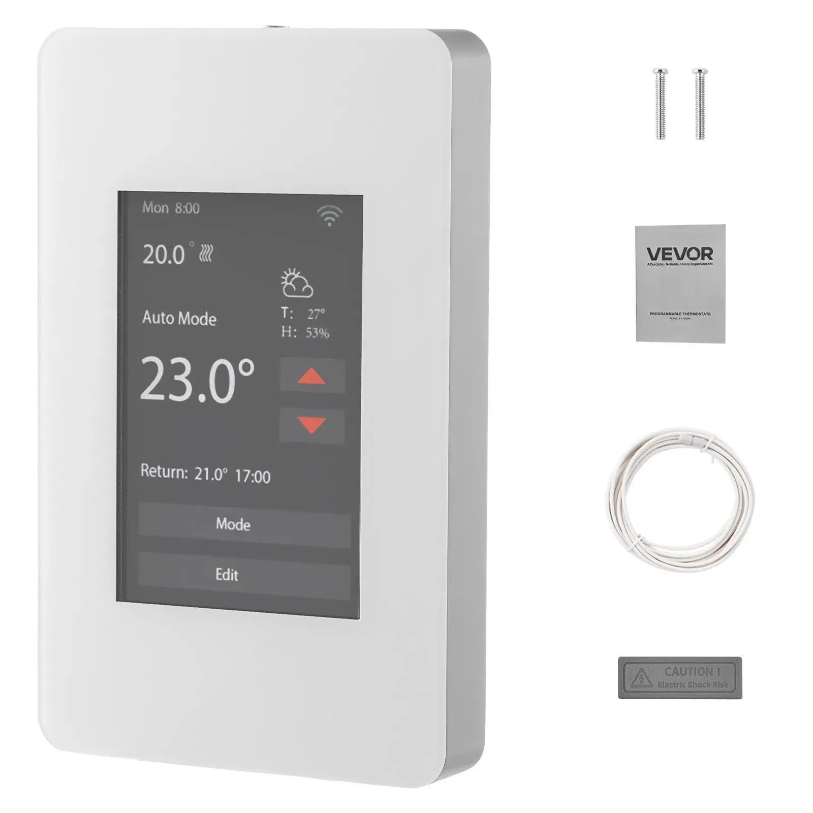 VEVOR 7-Day Programmable Thermostat,  , Home Thermostats for Radiant Underfloor Heating Cable,Heat Pump with GFCI & Sensitive Sensor,TFT Color Display Touchscreen,Efficient,Gray-White (Without Wifi), Controller, Ac Power Supply, 7-Day Program#BackToSchool