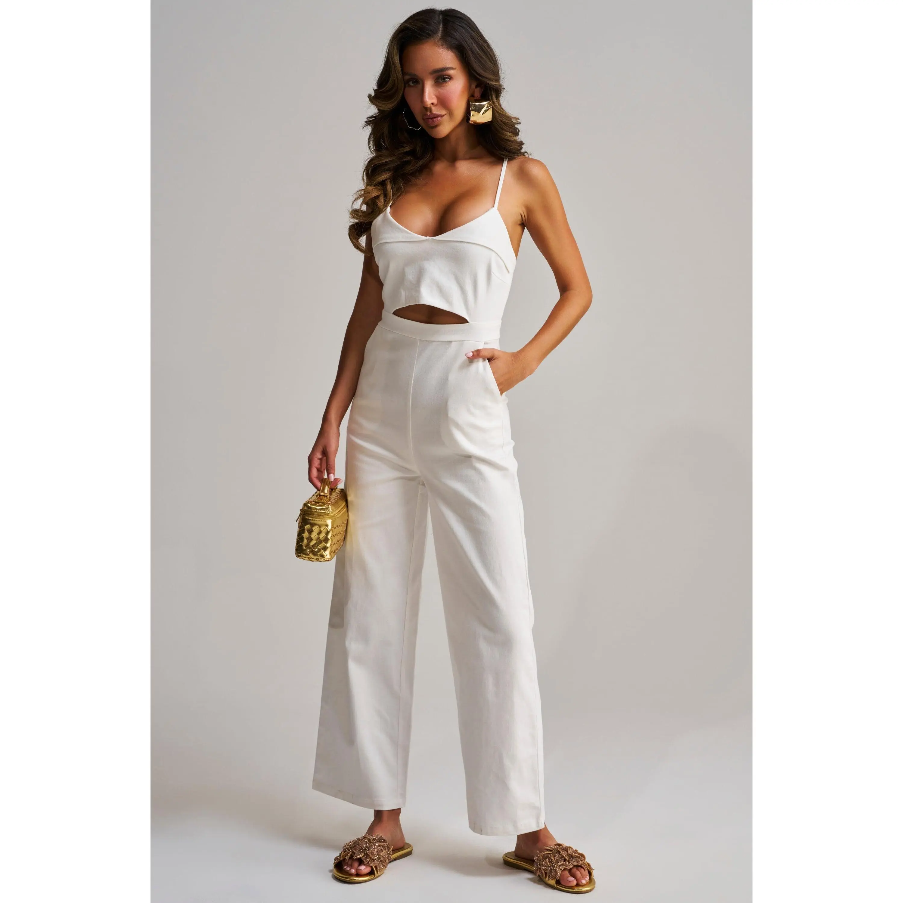CITY LIGHTS SLEEVELESS JUMPSUIT IN WHITE POPLIN