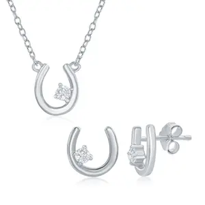 Sterling Silver, Small Horseshoe w/CZ Necklace & Earrings
