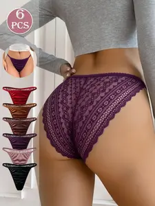 6-Pack Women's Basic Solid Color Triangle Panties, Romantic Glossy Fabric Patchwork Lace Underwear, Elegant Chic Fitted Plain Design for All Seasons