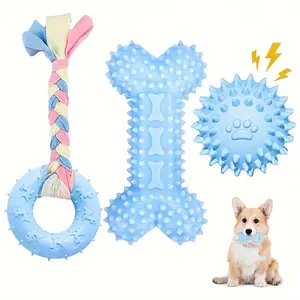 Three-piece set of puppy teething toys suitable for small dogs - soft rubber teething bones, knot balls - durable dental cleaning toys suitable for Chihuahua and terrier puppies - teething and intelligence development toys Adjustable Breathable Muzzle