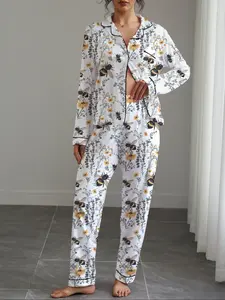 Women's Floral Bee Print Pajama Set, Long Sleeve Lapel Cardigan & Elastic Pants, Casual All-Season Sleepwear, 2 Piece Loungewear