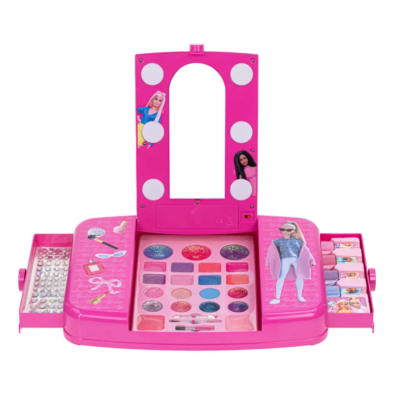 BARBIE Compact Beauty Vanity Set with Light-Up Mirror by Townley Girl - Water-Safe Kids Toys Kit (9 Lip Glosses, 9 Eye Shadows, 3 Cosmetic Brushes, Nail Polish, Accessories) for Ages 3+, Makeovers, Holidays Gifts for Girls
