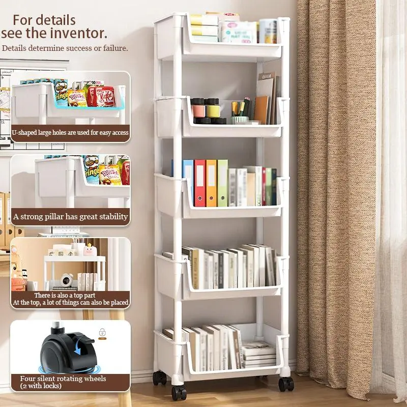 5-Layer White Freestanding Stable Rolling Plastic Storage Cart with Wheels (35*26.5*125cm) - Home Organiser Racks for Kitchen, Bedroom Storage, Books & Supplies