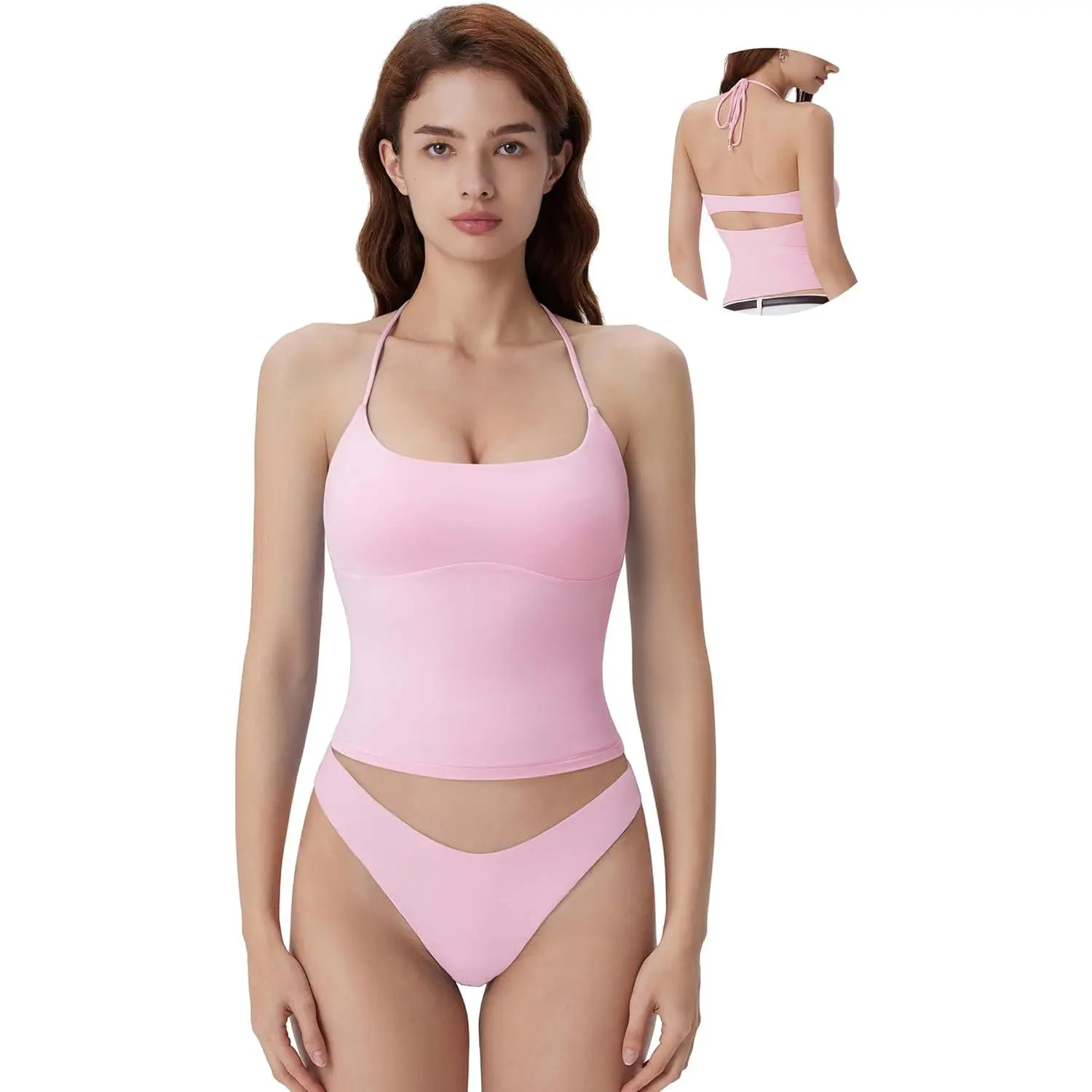 SUUKSESS Halter Tank Tops with Built in Bras Double Lined Backless Y2K Top