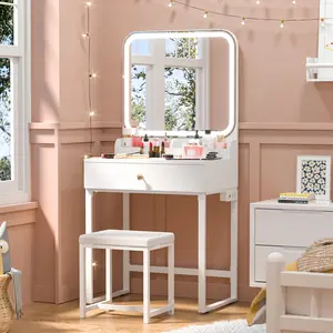 TETOTE Vanity Desk with Mirror and Lights, Sturdy LED Makeup Vanity Desk with Stool, 2 Large Drawers & Desktop Compartments, Built-in Power Outlets