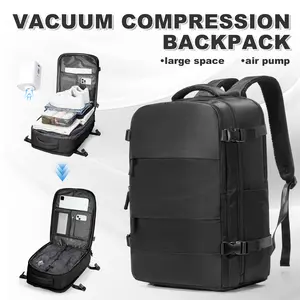 Vacuum travel backpack with pump, personal carry-on approved for flight  for women and men, compression work bag for laptop and casual backpack, available in black, green, and gray.