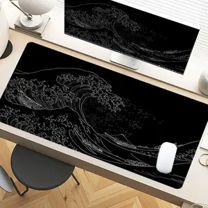 Black And White Wave Japanese Art Desk Pad Gaming Mousepad XXL Mouse Pad For Laptop Desk Mouse Pad Extra Large With Non-Slip Rubber Base Stitched Edges Surface For PC Gamers Office Workers & Home Use As Holiday Gift