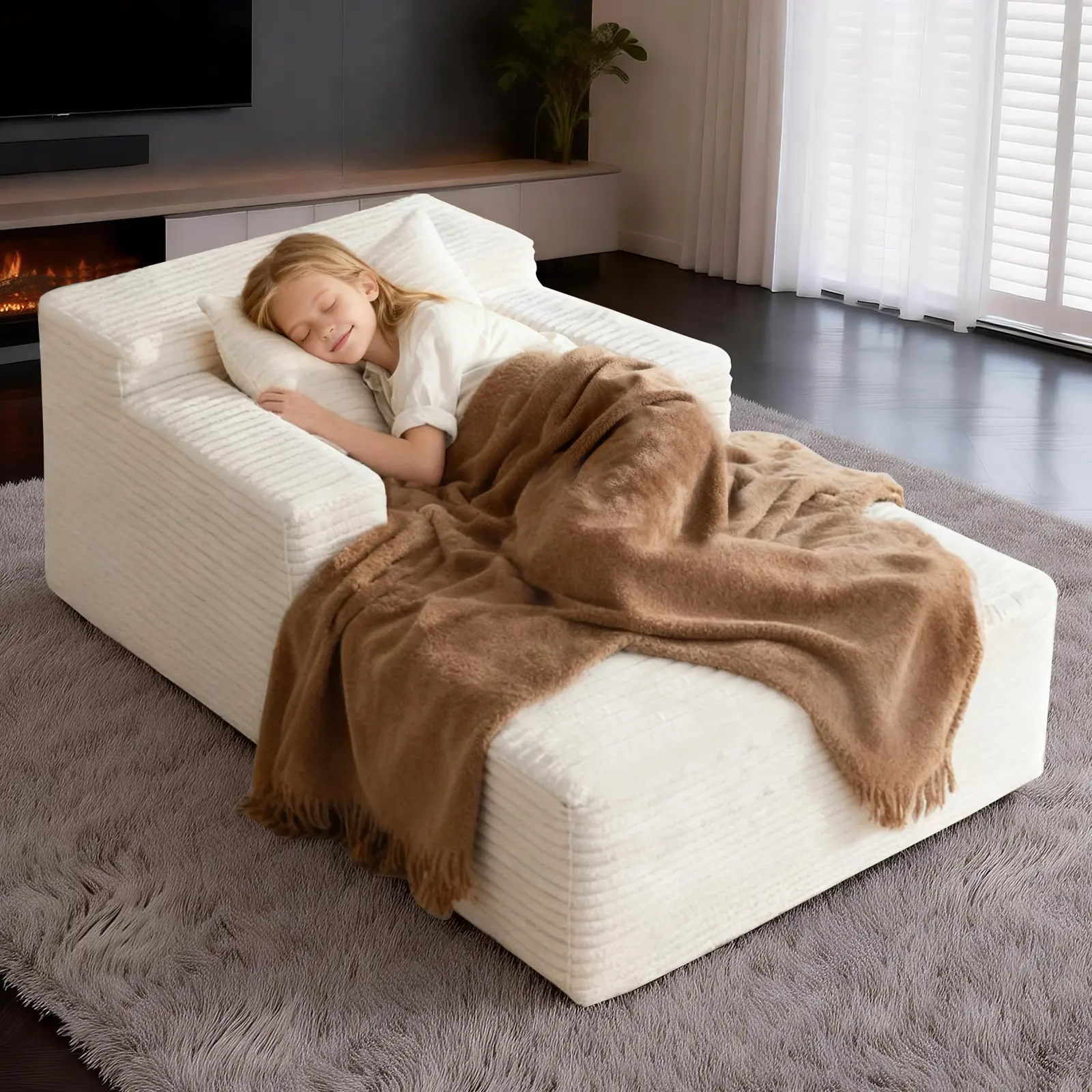 45.6'' Chaise Lounge Chair Indoor, Corduroy Upholstered Boneless Sofa Bed, Deep Seat Sleeper Couch Reading Chairs, Small Comfy Cloud Sofas Couches for Living Room, Bedroom, Movie Room