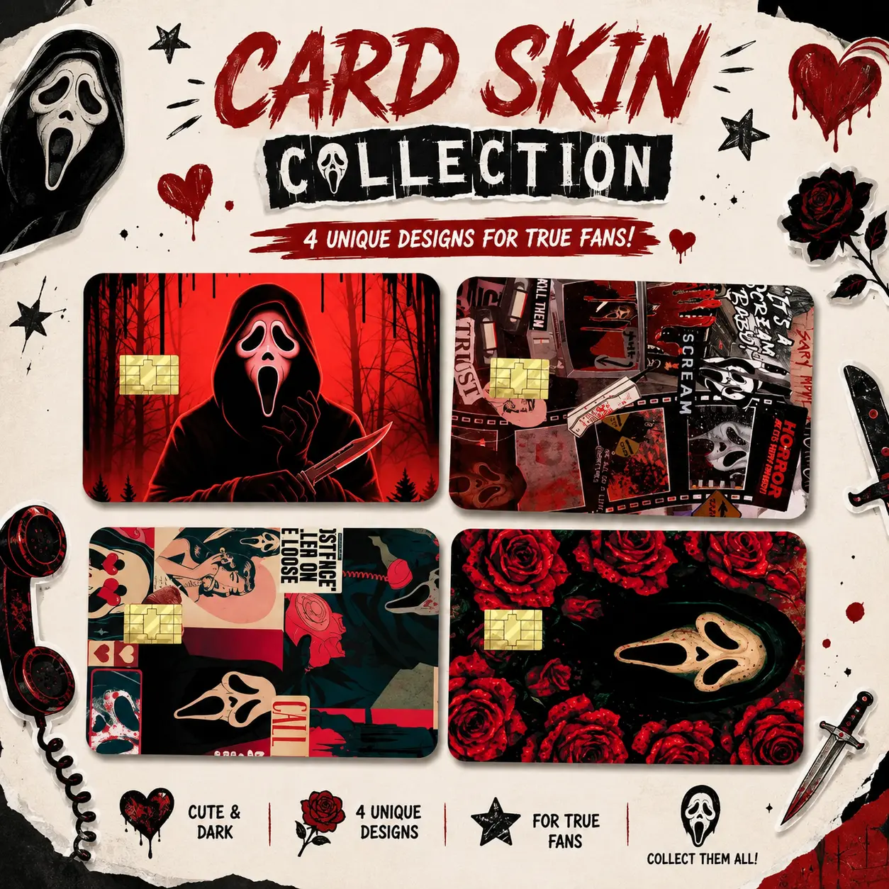 Scream Ghostface Card Skin Set, Horror Movie Credit Card Skin Cover, Slasher Vinyl Card Sticker, Horror Fan Gift