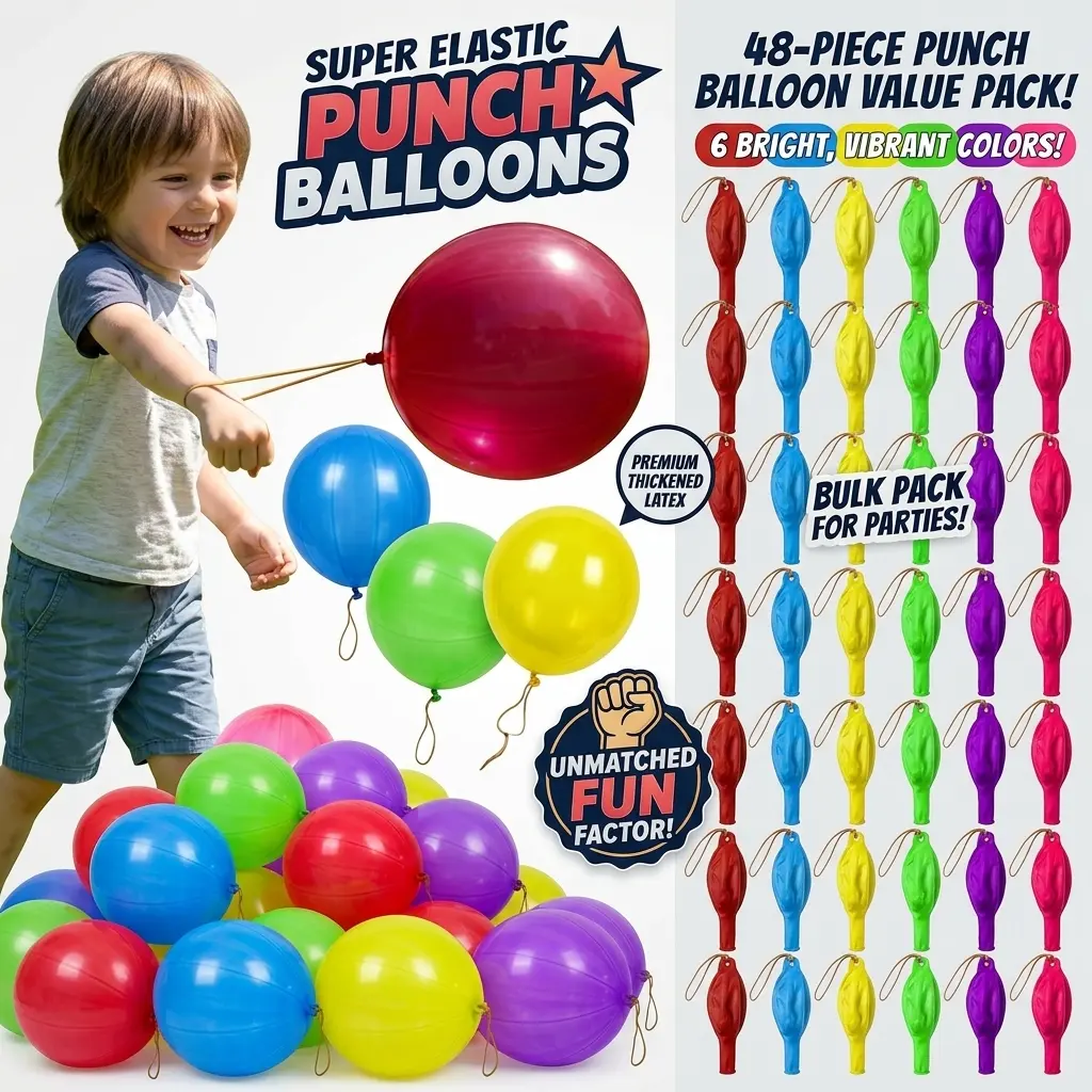 48Pcs Thickened Neon Latex Punch Balloons with Rubber Band Handles, Heavy-Duty Festive Colorful Kids' Party Favors, Party Decor Supplies, Goodie Bag Fillers, Latex Balloons, Festive Balloons