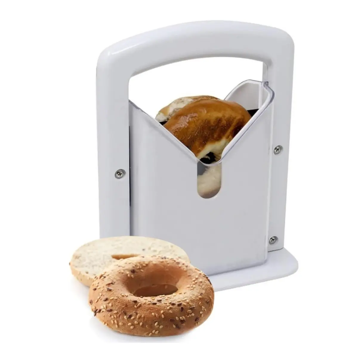 Stainless Steel Bagel Guillotine Manual Bagel Slicer | 9.25-Inch High-Precision Square Cut, Ergonomic Handle, White - No Electricity Needed for Home & Commercial Use, Bagel Preparation | Clean Aesthetic | Manual Operation