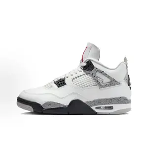 White leather mid-top basketball shoes, with an upper mainly made of white leather, paired with gray cement crack patterns and black mesh details. The sole features a visible air cushion for cushioning, a