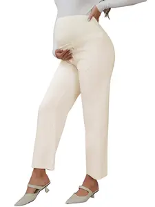 INSPIRE CHIC Women's Work Maternity Pants Business Straight Leg Over the Belly Office Pregnancy Trousers with Pockets Beige