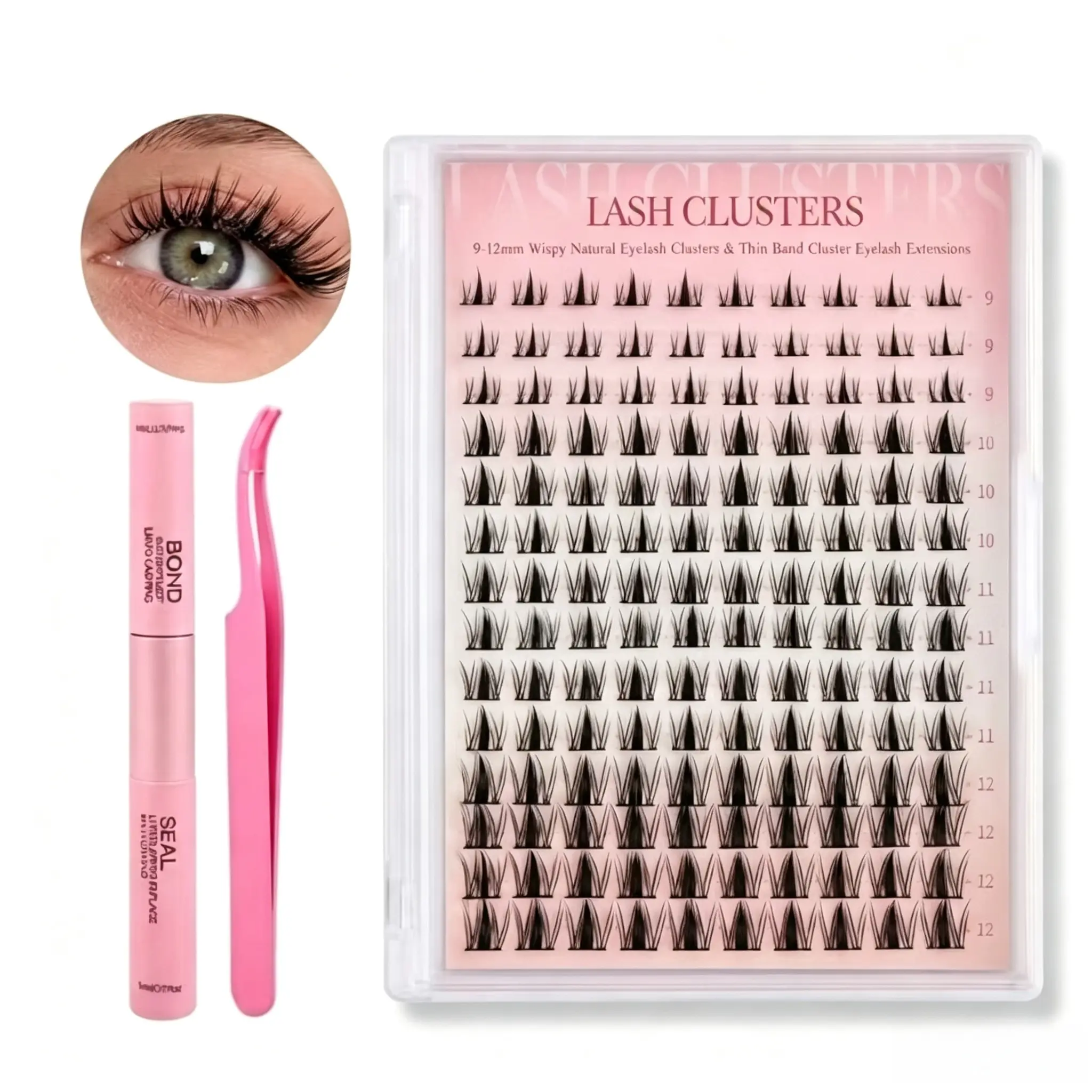 DIY Lash Clusters Kit - Wispy False Eyelashes with Glue & Sealant, 9-12mm Mixed Length Natural Look, Easy Applicator for Beginners - Home Use Eyelash Extension Set