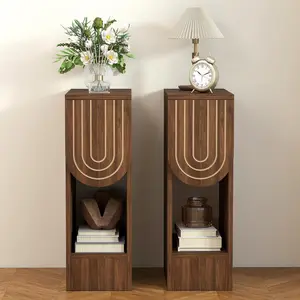 Narrow Nightstands Set of 2, Mid-Century Modern Bedside Table with Carved Drawer and Storage Shelf, Farmhouse Slim Side End Table for Bedroom, Small Space (2, Walnut)
