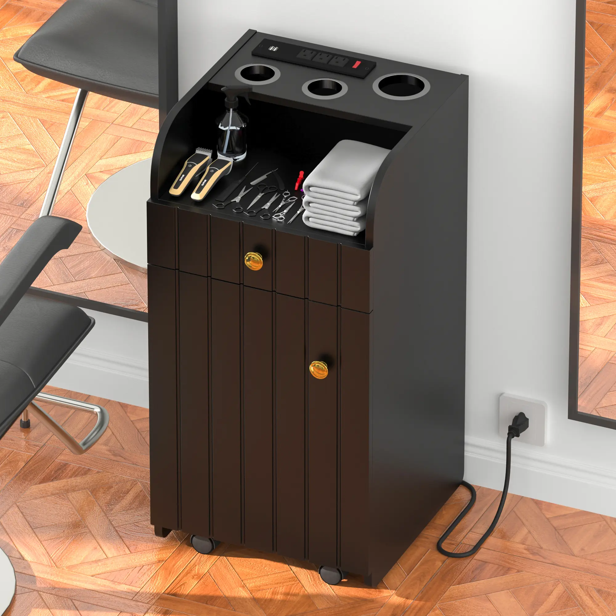 Rolling Hair Salon Station with Power Outlet, Tool Holders & Storage Cabinet
