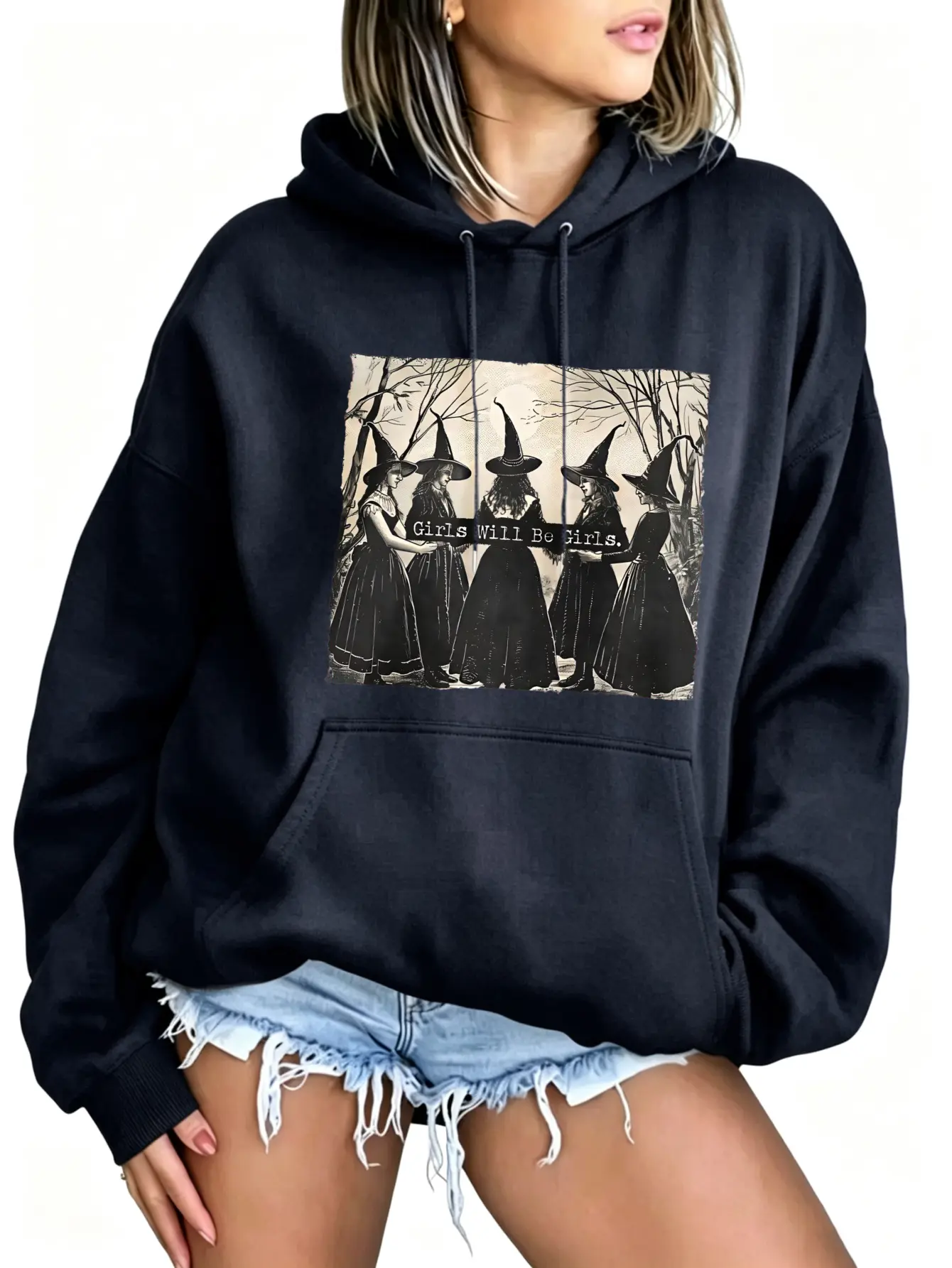 Girls Will Be Girls Witch Graphic Hoodie Women Vintage Witches Coven Printed Sweatshirt Dark Cottagecore Gothic Halloween Aesthetic Apparel Soft Loose Fit Hooded Tops Navy Blue Fall Outfits Trendy Gift