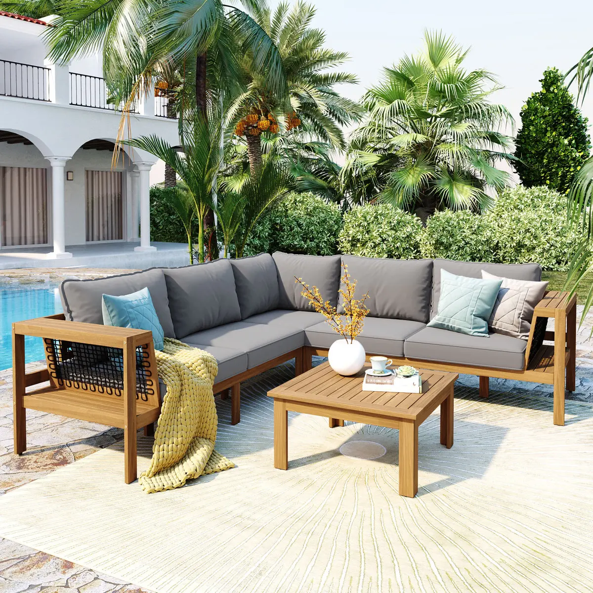[Bellemave] 4 Pieces Outdoor Acacia Wood Sofa Set, L-Shaped Patio Furniture Sofa with Woven Mesh Armrests, 2 Loveseat & 1 Corner Sofa & 1 Coffee Table