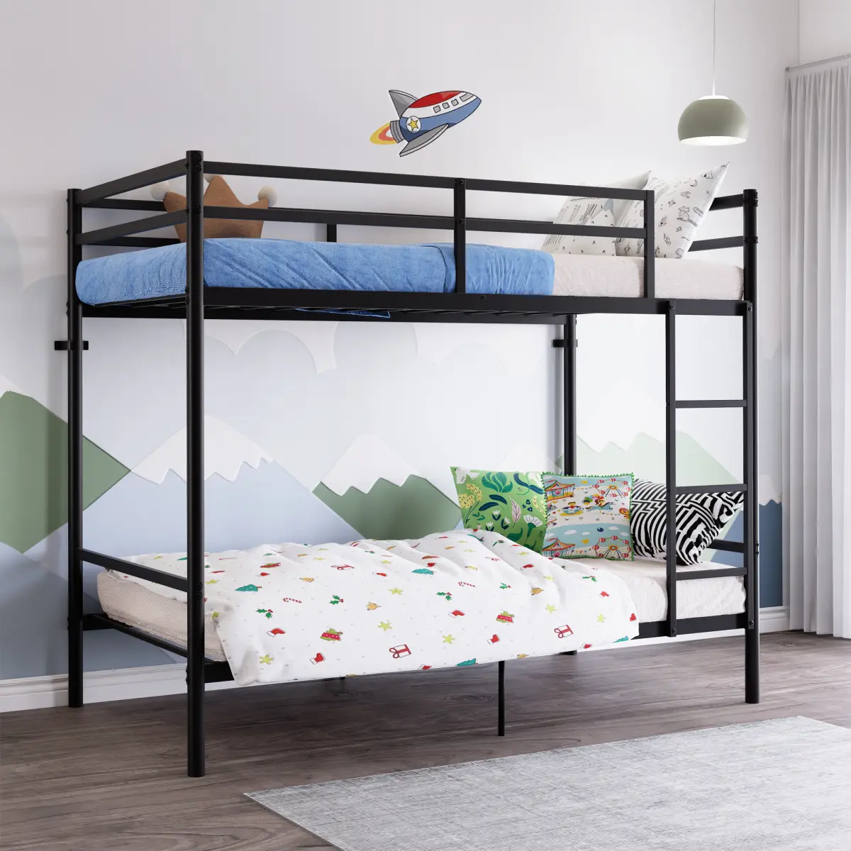 Twin Over Twin Steel Frame Bunk Bed with Ladder, High Guardrail, Storage Space, Noise-Free Design & Glam Look - Black/White (Single Size Option Available)