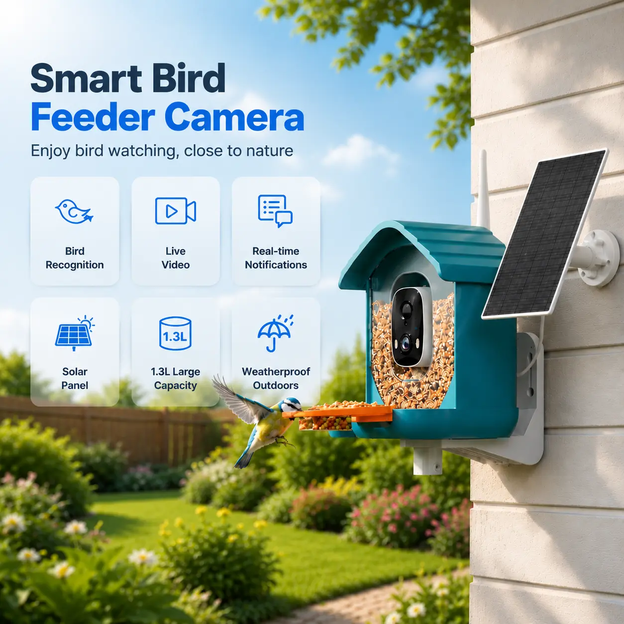 Bird Feeder Camera Solar Powered for Outdoors, 2K HD Video, AI Bird Species Identification, Instant Arrival Alerts, Weatherproof Design for Effortless Birdwatching, Best Gift for Bird Lovers camara