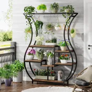LITTLE TREE 6-Tier Plant Stand, 70.9 Inch Tall Plant Shelf with 10 Hanging Hooks, Vase Shape Ladder Plant Stand, Multi-Purpose Plant Display Rack for Indoor, Balcony, Living Room