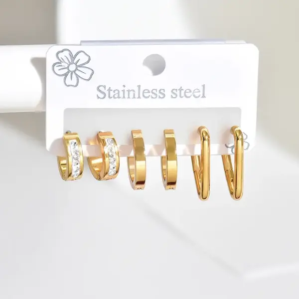 304 Stainless Steel,3 Pairs 18K Gold Plated 304 Stainless Steel Hoop Earrings Set – Heart, Flower & Rectangle for Women