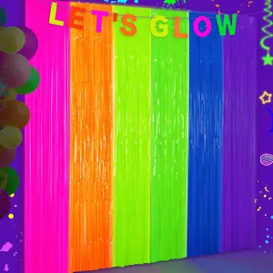 Glow in The Dark Tinsel Curtains 2 Pack 3.3x6.6ft UV Reactive Fluorescent Party Backdrop for Neon Birthday Pride Decorations Pre-Taped Lightweight Waterproof