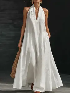 New 2026 Summer Women's Casual Plain V-Neck Dress, Lazy Neck Long Dress, Beach Vacation, Afternoon Tea, Daily Commute, Light Evening Wear