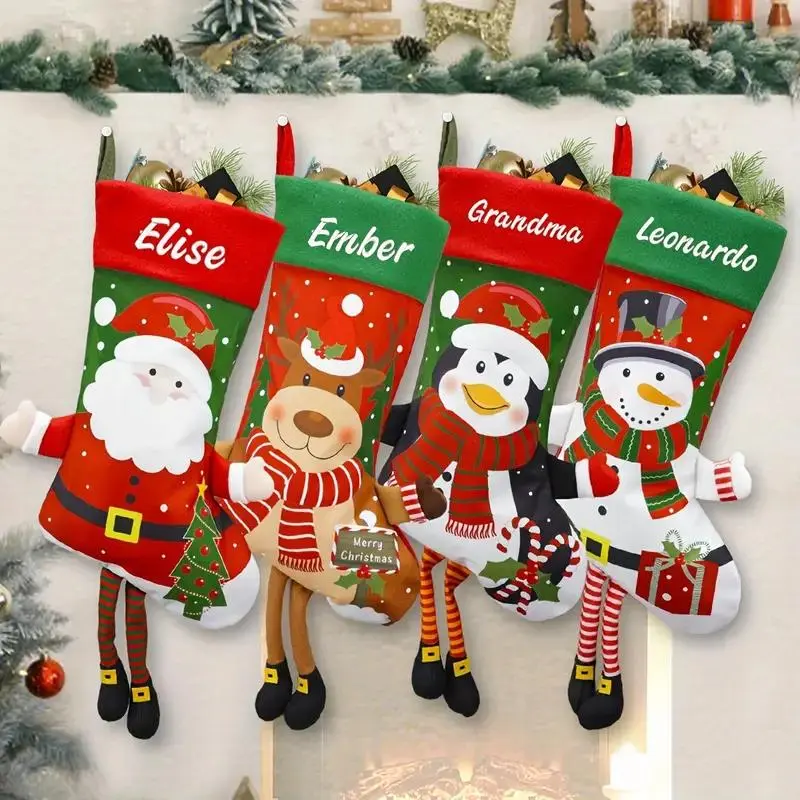 Custom Embroidered Long Christmas Stockings, Polyester Material, Classic Design, Festive Holiday Decoration, Santa Claus Theme, Gifts, Embroidery