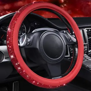 Bling Diamond Leather Steering Wheel Cover, with Bling Sparkly Crystal Glitter Rhinestones Universal Fit 14" 1/2-15" Car Wheel Protect for Women Girl Fit Suvs,Vans,Sedans,Cars,Trucks, Red