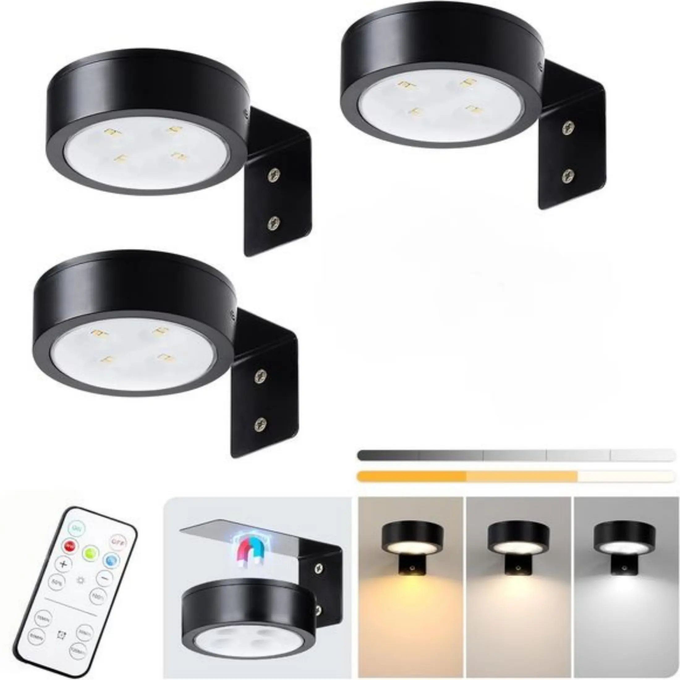 3-Pack Picture Light Battery Operated with Remote, Led Lights Dimmable and Timer Painting Light, Art Display Light for Picture Frame Artworking Portrait, Home Wall Decor Puck Lights, Black,dorm essentials,home decor,home essentials,camping essentials