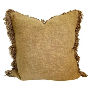 Tan Mustard Large Farmhouse Pillow with Fringes, Soft Decorative Pillow 22"x22", Bohemian Pillow cover, Mustard Tan Boho Throw Pillow, Handwoven Pillow