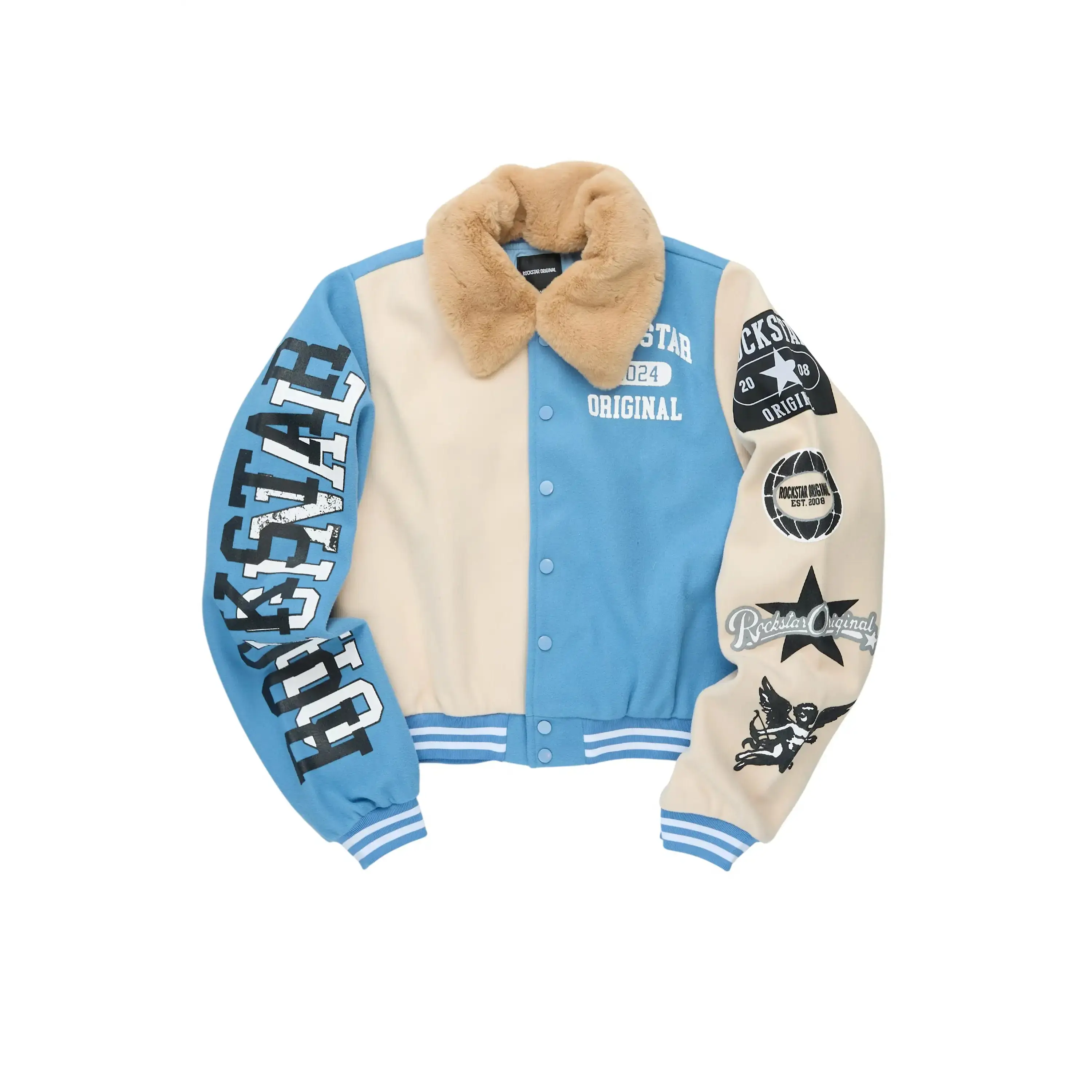 Kisha Blue/Tan Fur Collar Varsity Jacket