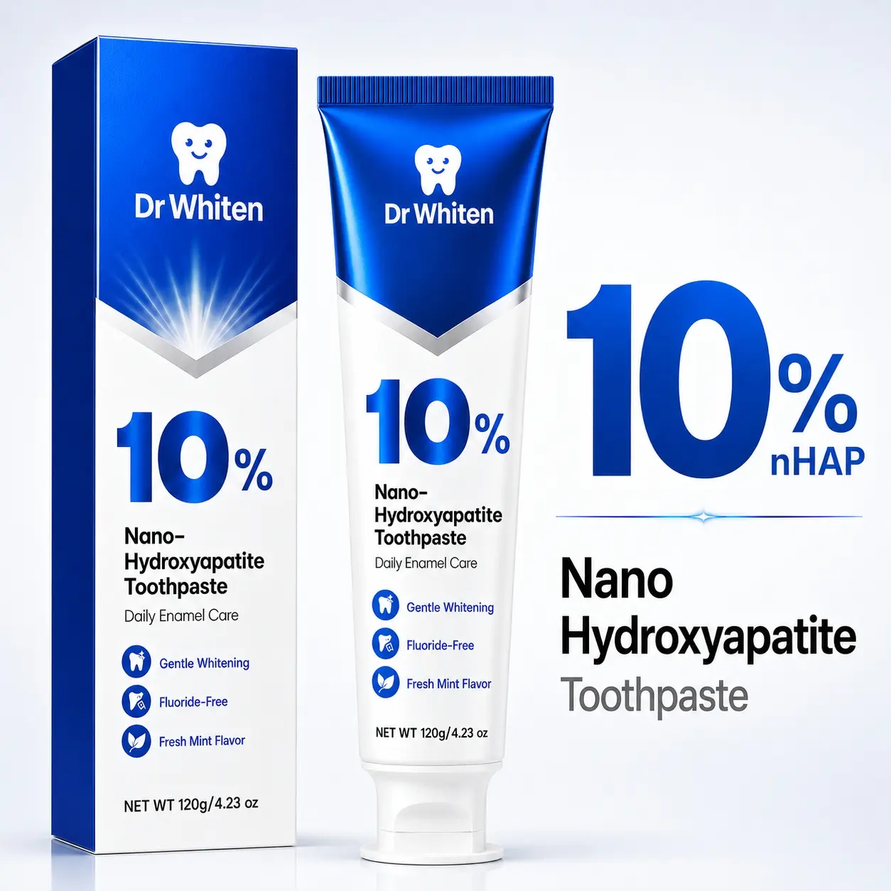DrWhiten 10% Nano-Hydroxyapatite Toothpaste | Dentist-Recommended Fluoride-Free Enamel Care Formula | Gentle Whitening for Sensitive Teeth | Fresh Mint Flavor & Fresh Breath | 4.23 oz