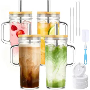 4 Pack Clear Glass Drinking Cups 930ml Large Capacity Bamboo Lids Plastic Lids Stainless Steel Straws Cleaning Brushes Iced Coffee Breakfast Juice Mugs