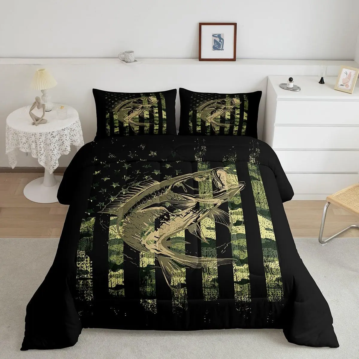 Bass & Pike Fish Camouflage Luxury Bedding Set - Breathable Microfiber Decorative Duvet Set with American Flag Design, Farmhouse Style, Ideal Fishing Lovers Gift, Breathable Duvet Set