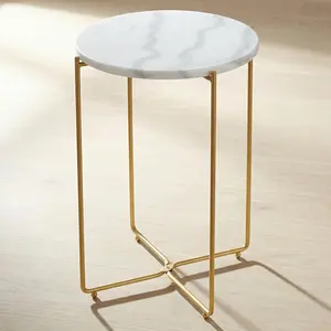 Real Marble Side Table, No Assembly Required Round End Table for Living Room, 15" Modern Small Accent Bedside Table with Gold Metal Legs, Waterproof Nightstand for Sofa, Bedroom, White