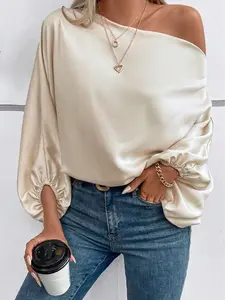 Apricot Asymmetrical Neck Balloon Sleeve Satin Blouse