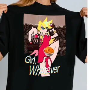 PASWG Adult Swim Panty And Stocking Funny Dumb Meme Fanart Blonde Anime Cartoon Girl Drinking Beer Tv Remote Japanese Streetwear Unisex Grunge Y2K Wash Vintage Short Sleeve Girl Whatever Graphic Tee