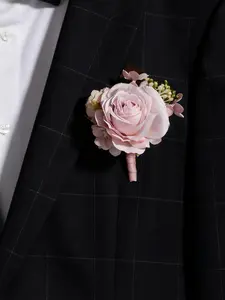 Artificial Rose Wedding Corsage with Leaves, Handmade Flower Brooch for Groom Bride Bridesmaid, Elegant Prom Party Hair Accessory