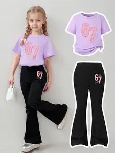 2PC Digital Art: "Six Seven" Custom Font Print Girls' Cotton All-Season Short-Sleeve T-Shirt and Flared Pants Set, Summer Outfits Set – Comfortable, Soft, Skin-Friendly, Moisture-Wicking Round-Neck T-Shirt