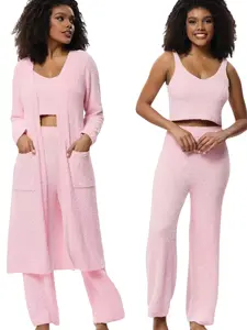 Women's Plus Size Sleepwear Set, High-Quality Robe & Long Pants Three-Piece, Ultra Soft Half Velvet, Casual Home Wear