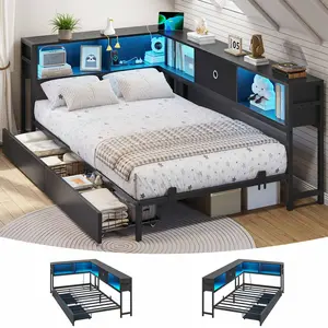 Twin Size LED Daybed with Storage Drawers and Bookcase Headboard Black