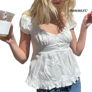 IABMMEXU Womens Y2k Fairy Grunge Shirts Square Neck Short Sleeve Lace Patchwork Crop Top Vintage Aesthetic Clothes White Casual Womenswear Blouse