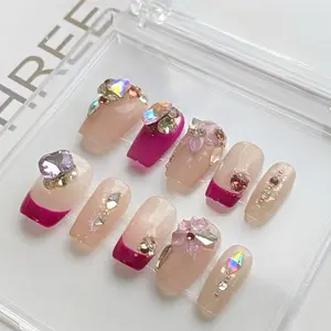 Magenta French Tip 3D Flower Press On Nails, Handmade Reusable Square Fake Nails